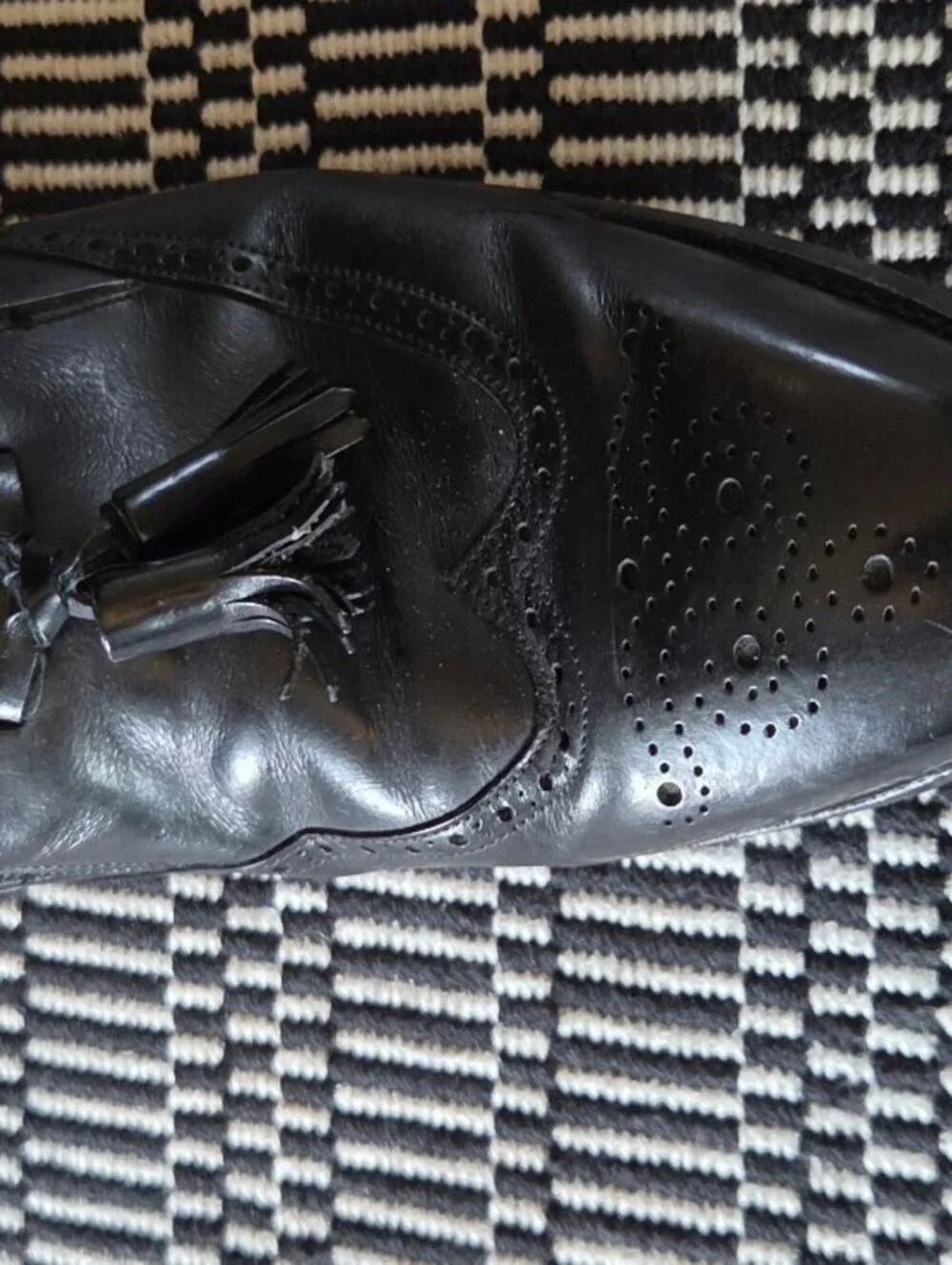 French Shriner Sterling Mens 11 E Black Leather Wingtip Tassel Slip-on Loafers